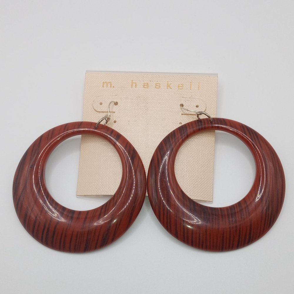 Miriam Haskell Plastic Brown Wood Grain Style Hoop Dangle  Earrings New on Card